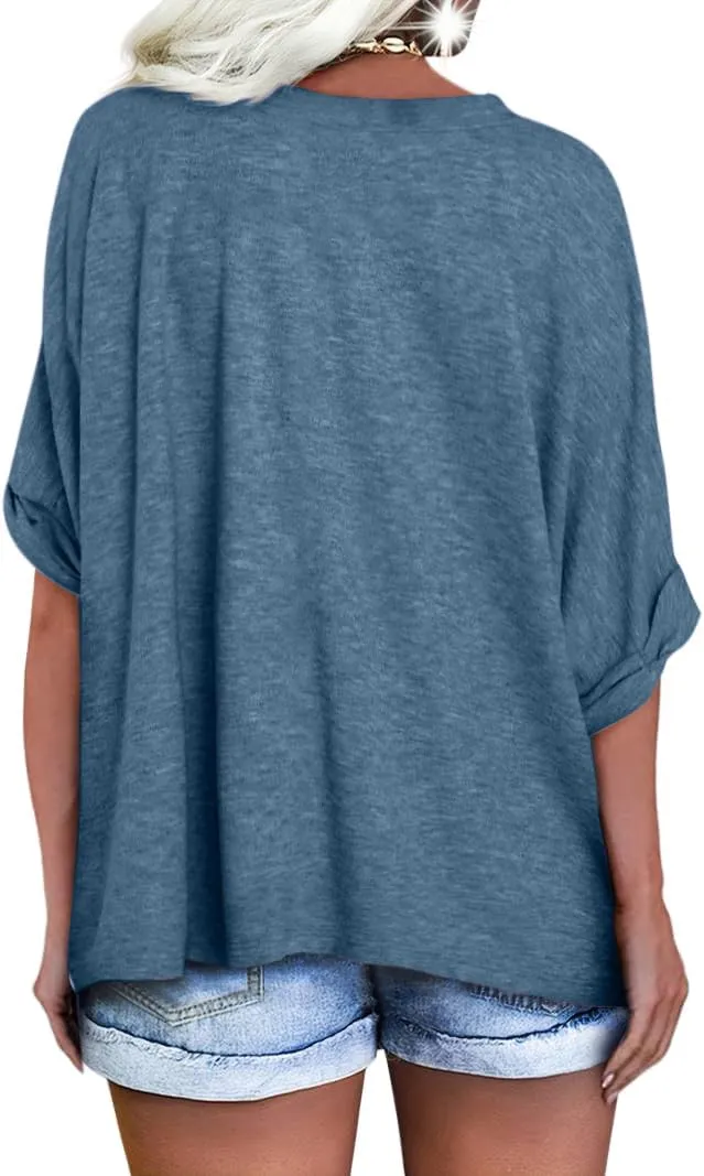 Langwyqu Women's Oversized T Shirts V Neck Short Sleeve Summer Casual Loose Tops Tees