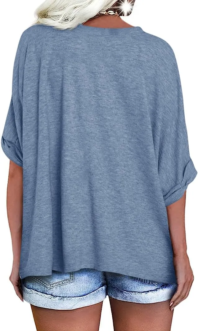 Langwyqu Women's Oversized T Shirts V Neck Short Sleeve Summer Casual Loose Tops Tees
