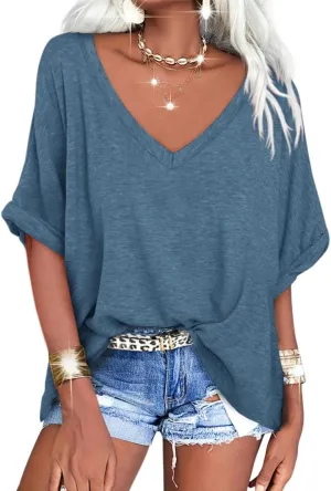 Langwyqu Women's Oversized T Shirts V Neck Short Sleeve Summer Casual Loose Tops Tees