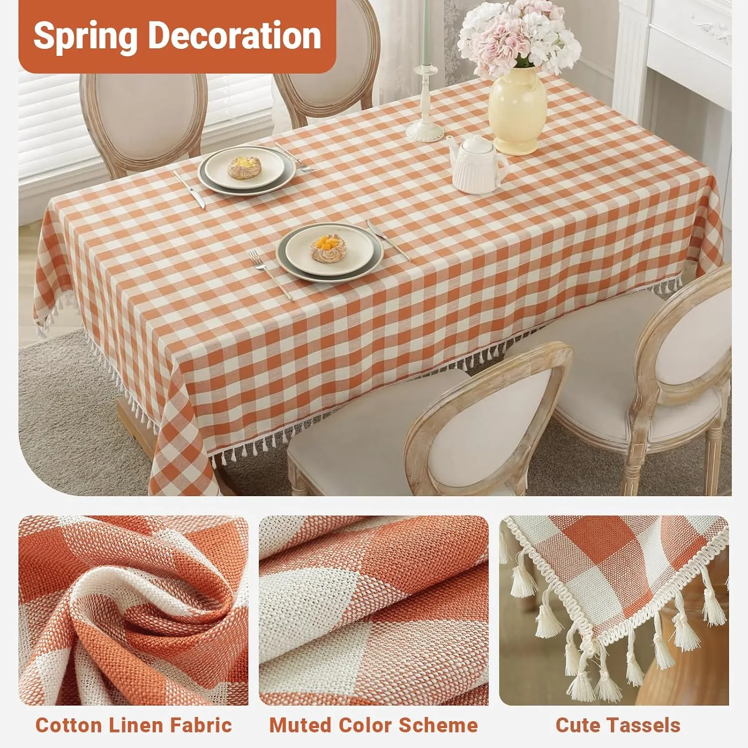 Laolitou Checkered Tablecloth Rectangle Washable Buffalo Plaid Fall Table Cloth with Tassel Cotton Linen Gingham Thanksgiving Table Cover for Picnic Kitchen Dining Room, Orange, 120 Inch