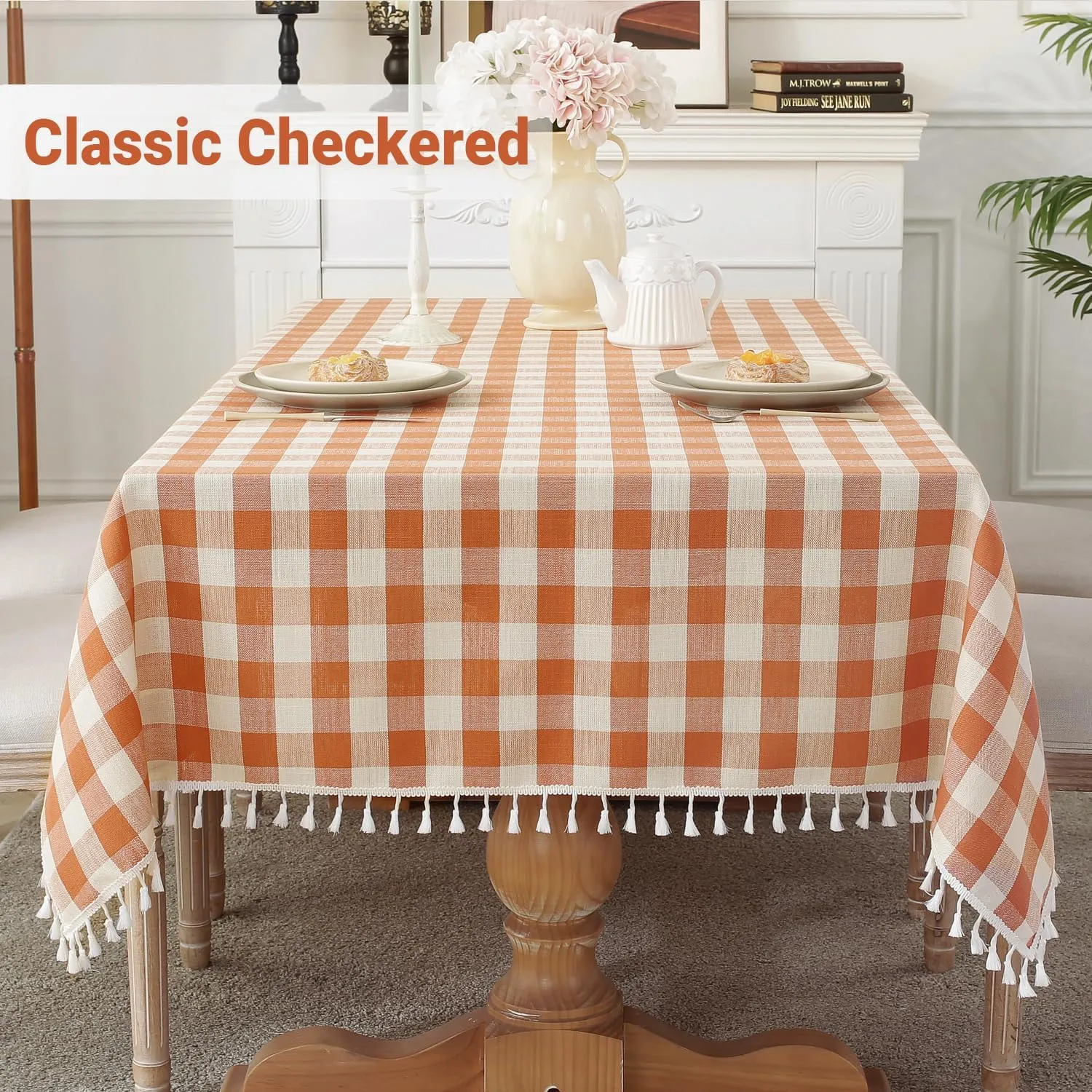 Laolitou Checkered Tablecloth Rectangle Washable Buffalo Plaid Fall Table Cloth with Tassel Cotton Linen Gingham Thanksgiving Table Cover for Picnic Kitchen Dining Room, Orange, 120 Inch
