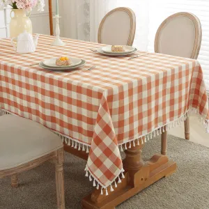 Laolitou Checkered Tablecloth Rectangle Washable Buffalo Plaid Fall Table Cloth with Tassel Cotton Linen Gingham Thanksgiving Table Cover for Picnic Kitchen Dining Room, Orange, 120 Inch