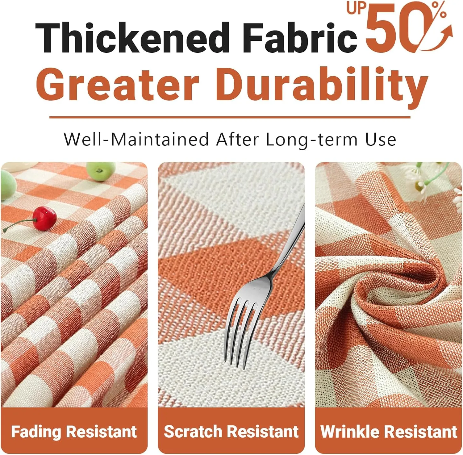 Laolitou Checkered Tablecloth Rectangle Washable Buffalo Plaid Fall Table Cloth with Tassel Cotton Linen Gingham Thanksgiving Table Cover for Picnic Kitchen Dining Room, Orange, 120 Inch