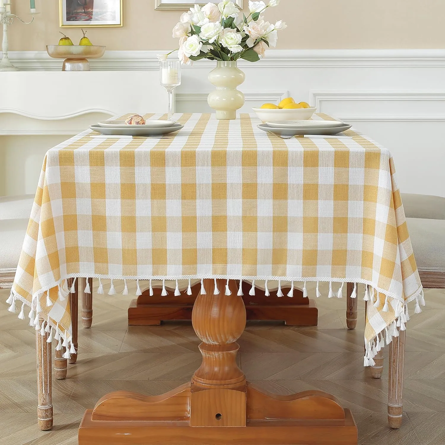 Laolitou Checkered Tablecloth Rectangle Washable Buffalo Plaid Picnic Table Cloth with Tassel Cotton Linen Gingham Table Cover for Dining Room, Yellow, Square, 55''x55'', 4 Seats