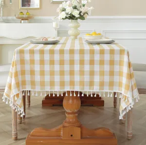 Laolitou Checkered Tablecloth Rectangle Washable Buffalo Plaid Picnic Table Cloth with Tassel Cotton Linen Gingham Table Cover for Dining Room, Yellow, Square, 55''x55'', 4 Seats