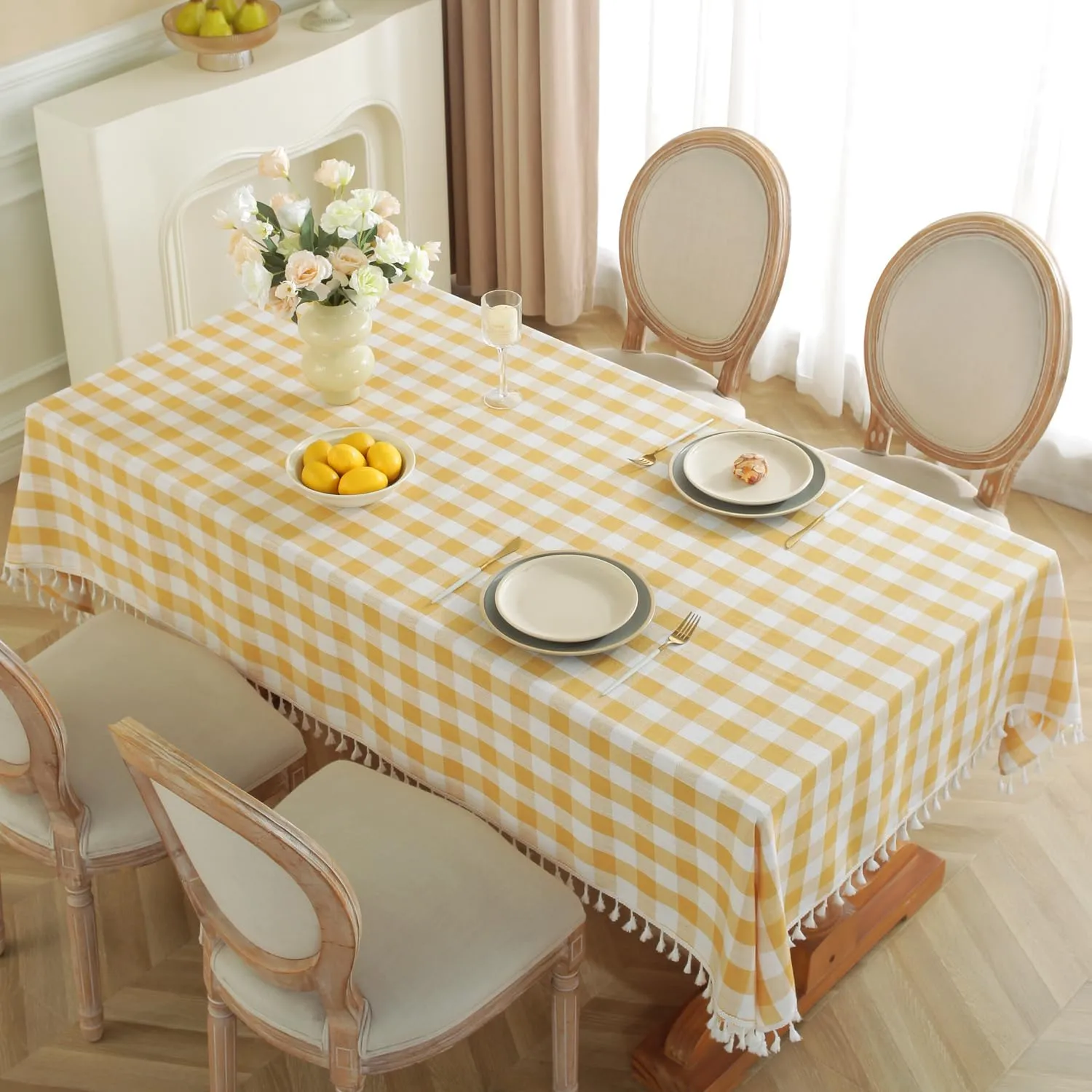 Laolitou Checkered Tablecloth Rectangle Washable Buffalo Plaid Picnic Table Cloth with Tassel Cotton Linen Gingham Table Cover for Dining Room, Yellow, Square, 55''x55'', 4 Seats