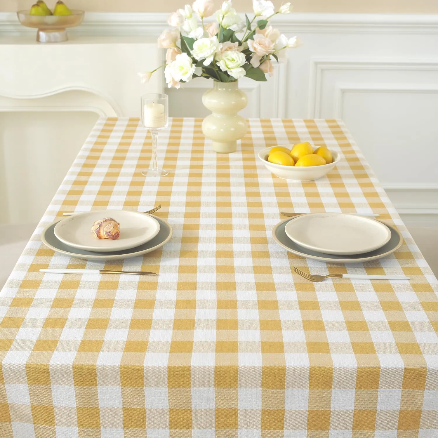 Laolitou Checkered Tablecloth Rectangle Washable Buffalo Plaid Picnic Table Cloth with Tassel Cotton Linen Gingham Table Cover for Dining Room, Yellow, Square, 55''x55'', 4 Seats