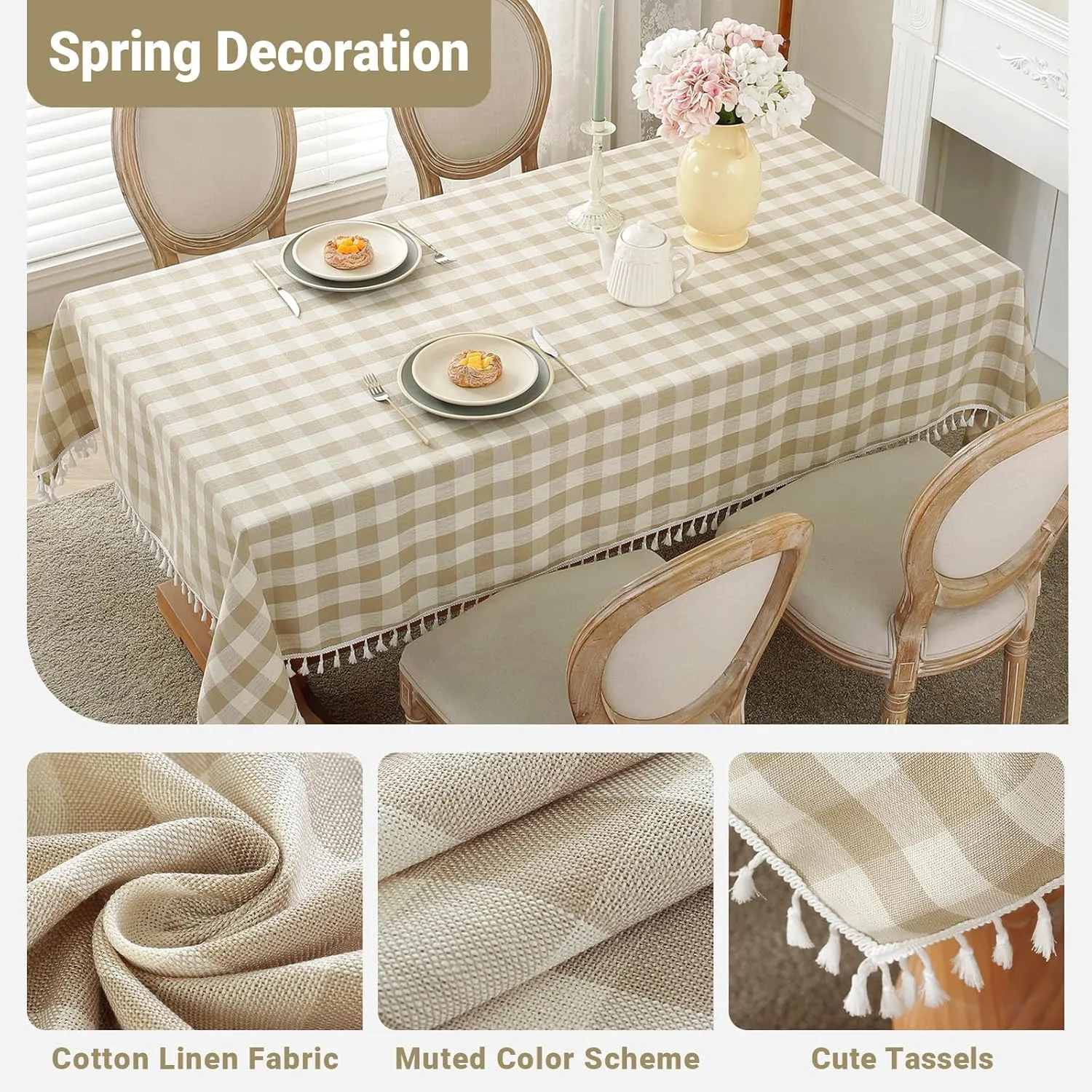 Laolitou Checkered Tablecloth Rectangle Washable Buffalo Plaid Table Cloth with Tassel Cotton Linen Gingham Table Cover for Picnic Kitchen Dining Room, Beige, Rectangle, 55''x120'', 10-12 Seats