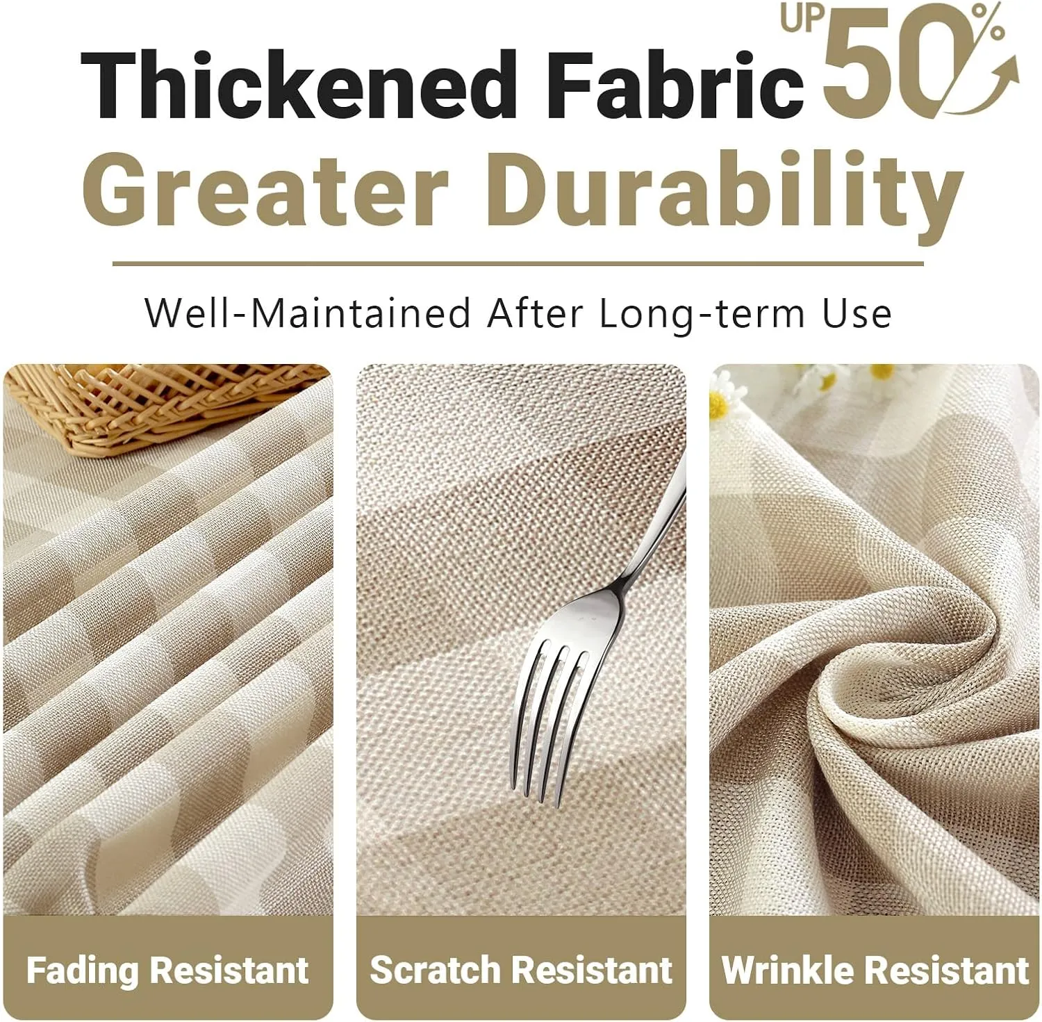 Laolitou Checkered Tablecloth Rectangle Washable Buffalo Plaid Table Cloth with Tassel Cotton Linen Gingham Table Cover for Picnic Kitchen Dining Room, Beige, Rectangle, 55''x120'', 10-12 Seats