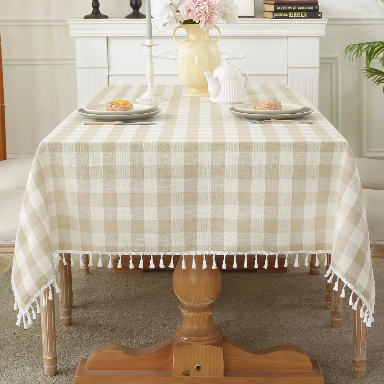 Laolitou Checkered Tablecloth Rectangle Washable Buffalo Plaid Table Cloth with Tassel Cotton Linen Gingham Table Cover for Picnic Kitchen Dining Room, Beige, Rectangle, 55''x120'', 10-12 Seats