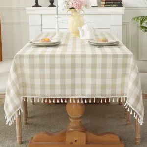 Laolitou Checkered Tablecloth Rectangle Washable Buffalo Plaid Table Cloth with Tassel Cotton Linen Gingham Table Cover for Picnic Kitchen Dining Room, Beige, Rectangle, 55''x120'', 10-12 Seats