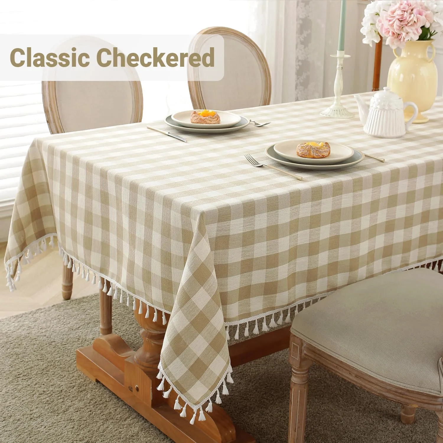 Laolitou Checkered Tablecloth Rectangle Washable Buffalo Plaid Table Cloth with Tassel Cotton Linen Gingham Table Cover for Picnic Kitchen Dining Room, Beige, Rectangle, 55''x120'', 10-12 Seats