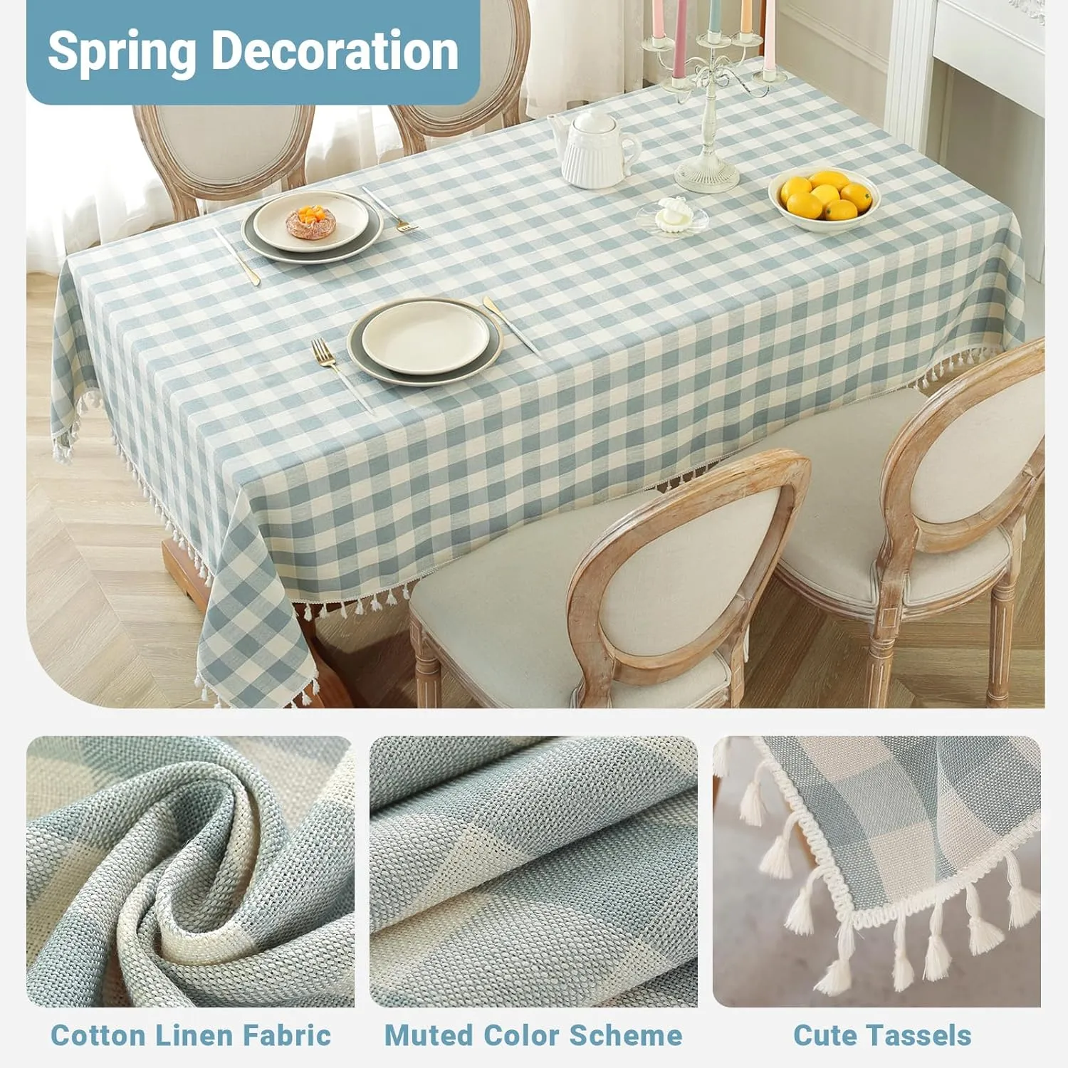 Laolitou Checkered Tablecloth Rectangle Washable Buffalo Plaid Table Cloth with Tassel Cotton Linen Gingham Table Cover for Picnic Kitchen Dining Room, Blue, 120 Inch