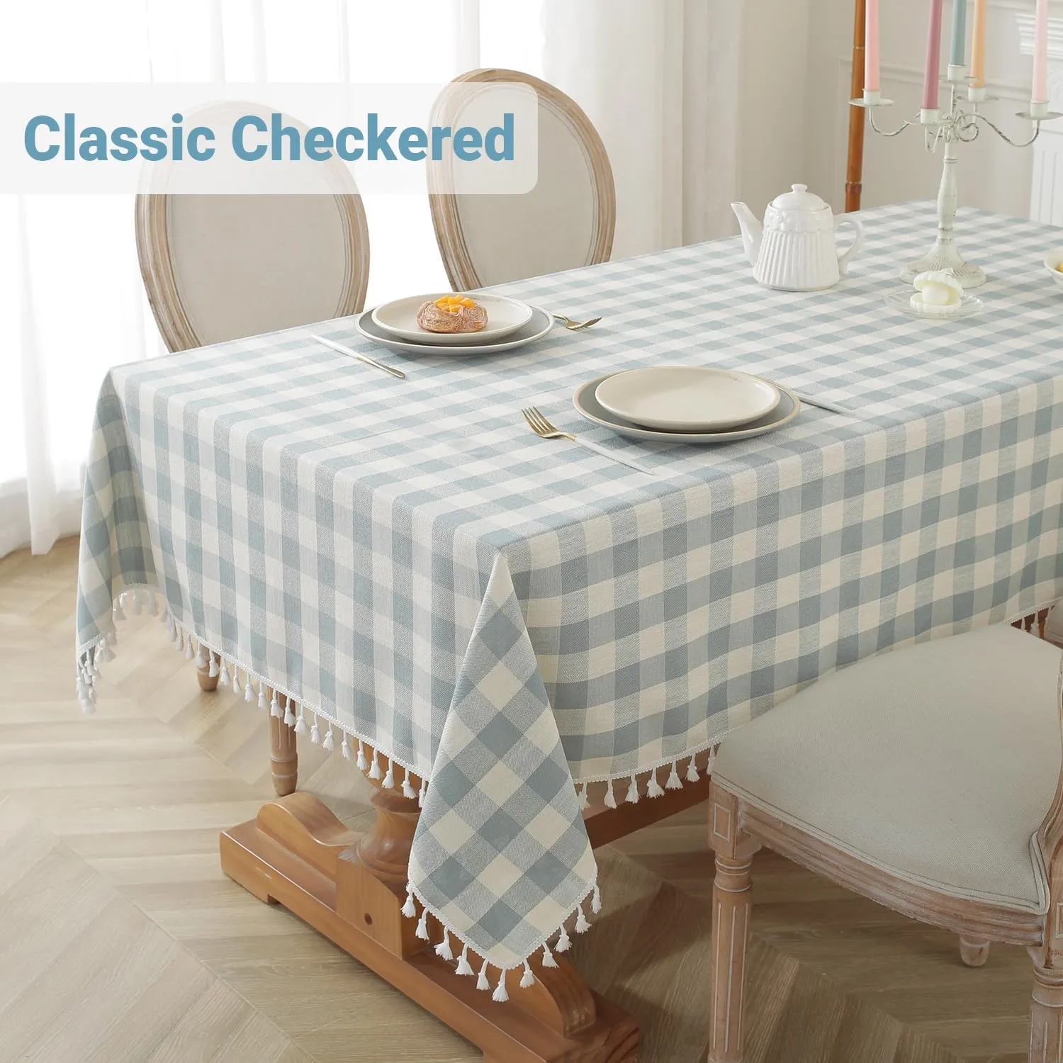 Laolitou Checkered Tablecloth Rectangle Washable Buffalo Plaid Table Cloth with Tassel Cotton Linen Gingham Table Cover for Picnic Kitchen Dining Room, Blue, 120 Inch