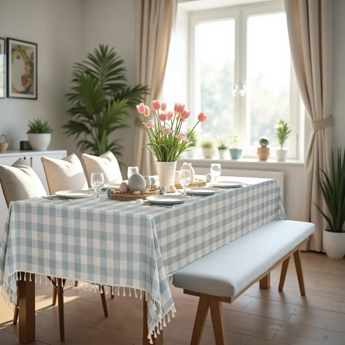 Laolitou Checkered Tablecloth Rectangle Washable Buffalo Plaid Table Cloth with Tassel Cotton Linen Gingham Table Cover for Picnic Kitchen Dining Room, Blue, 120 Inch