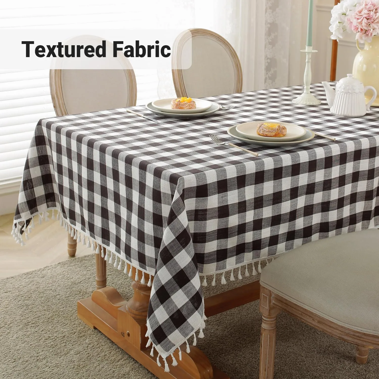 Laolitou Checkered Tablecloth Rectangle Washable Buffalo Plaidwith Tassel Cotton Linen Gingham Table Cover for Picnic Kitchen Dining Room, Black & White, Rectangle, 55''x120'', 10 12 Seats