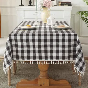 Laolitou Checkered Tablecloth Rectangle Washable Buffalo Plaidwith Tassel Cotton Linen Gingham Table Cover for Picnic Kitchen Dining Room, Black & White, Rectangle, 55''x120'', 10 12 Seats