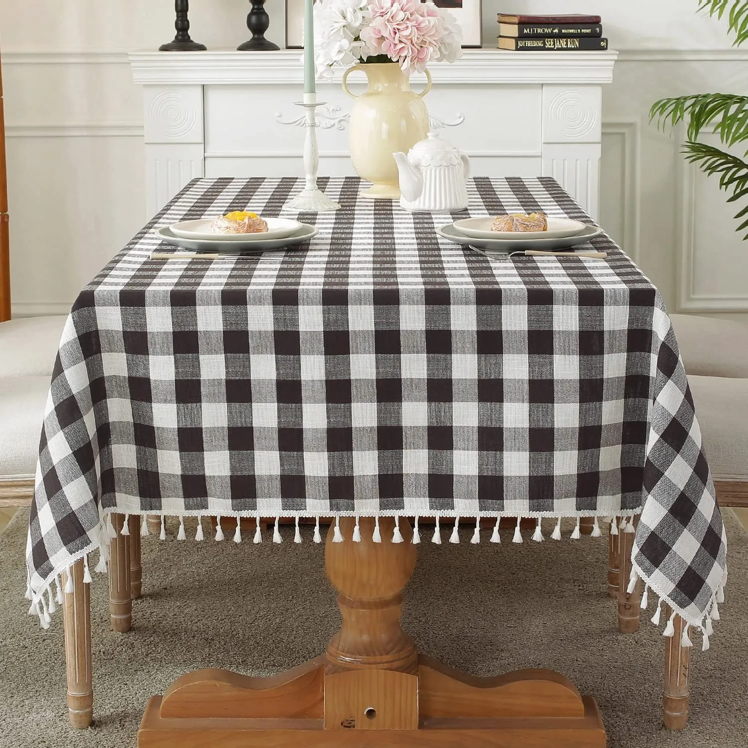 Laolitou Checkered Tablecloth Rectangle Washable Buffalo Plaidwith Tassel Cotton Linen Gingham Table Cover for Picnic Kitchen Dining Room, Black & White, Rectangle, 55''x120'', 10 12 Seats