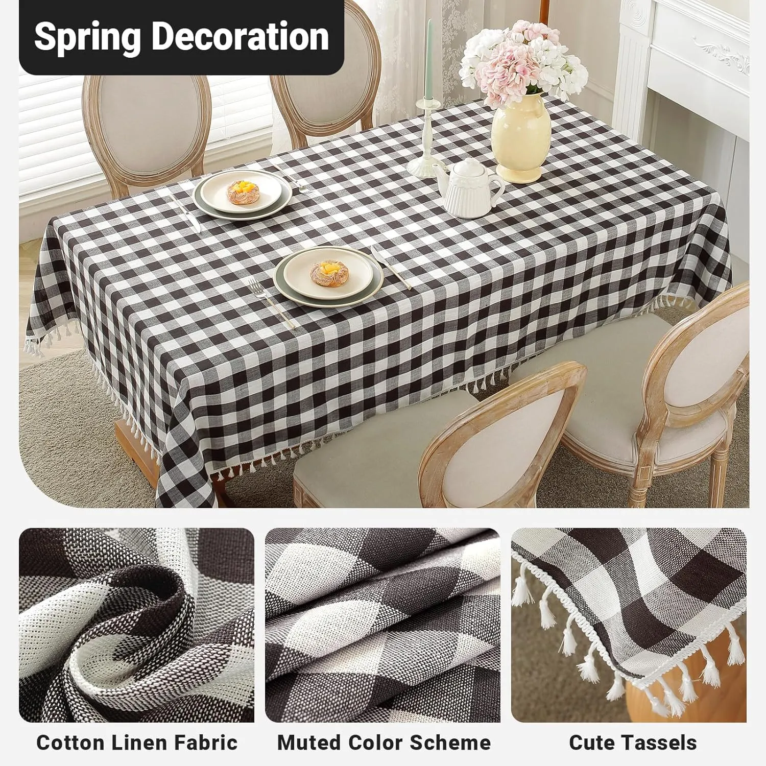 Laolitou Checkered Tablecloth Rectangle Washable Buffalo Plaidwith Tassel Cotton Linen Gingham Table Cover for Picnic Kitchen Dining Room, Black & White, Rectangle, 55''x120'', 10 12 Seats