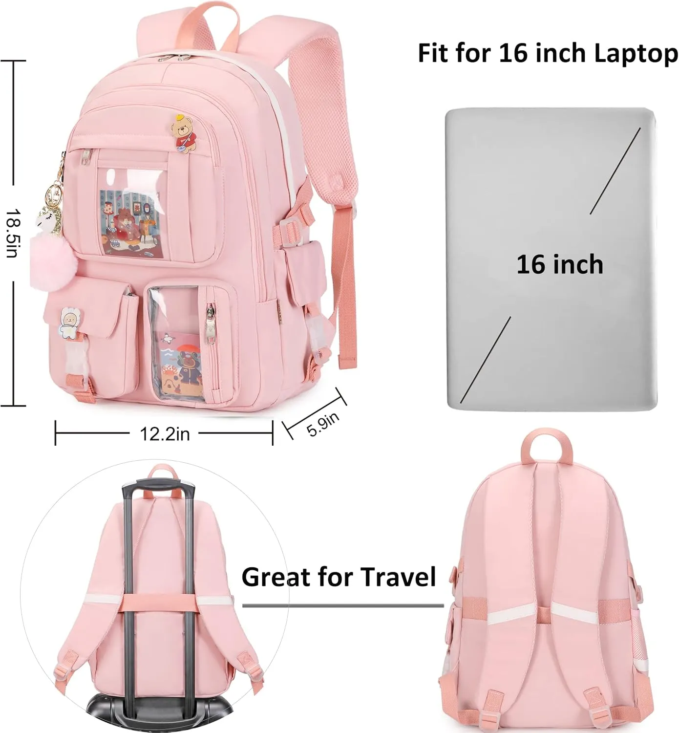 Laptop Backpacks 16 Inch School Bag College Backpack 3 PCS with Lunch Box Pencil Pouch Set Large Travel Daypack Kawaii Bookbags for Teens Girls Women Students (Pink)