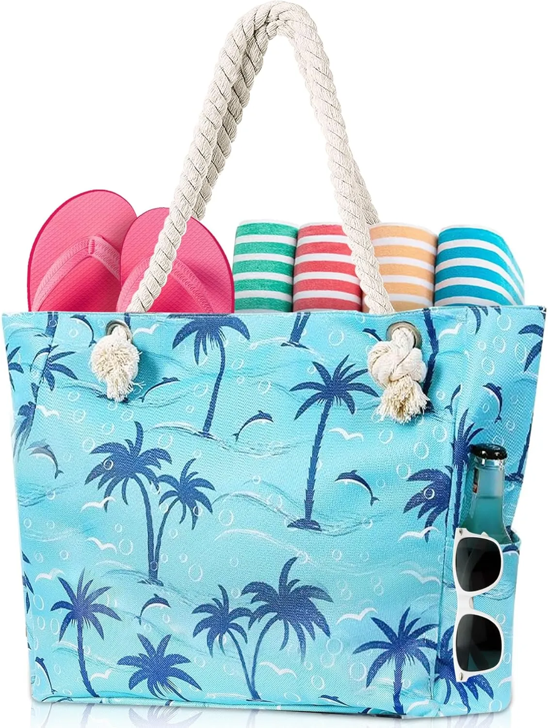 Large Canvas Beach Tote Bag with Zipper Waterproof for Women Swim Travel Swim Pool Shopping Cruise Essentials Gifts