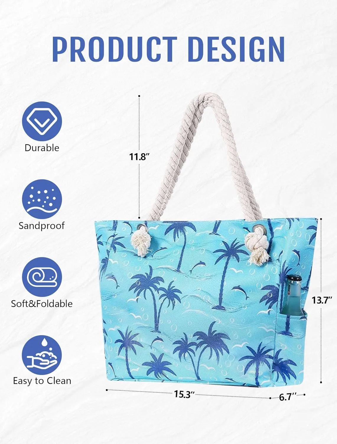 Large Canvas Beach Tote Bag with Zipper Waterproof for Women Swim Travel Swim Pool Shopping Cruise Essentials Gifts