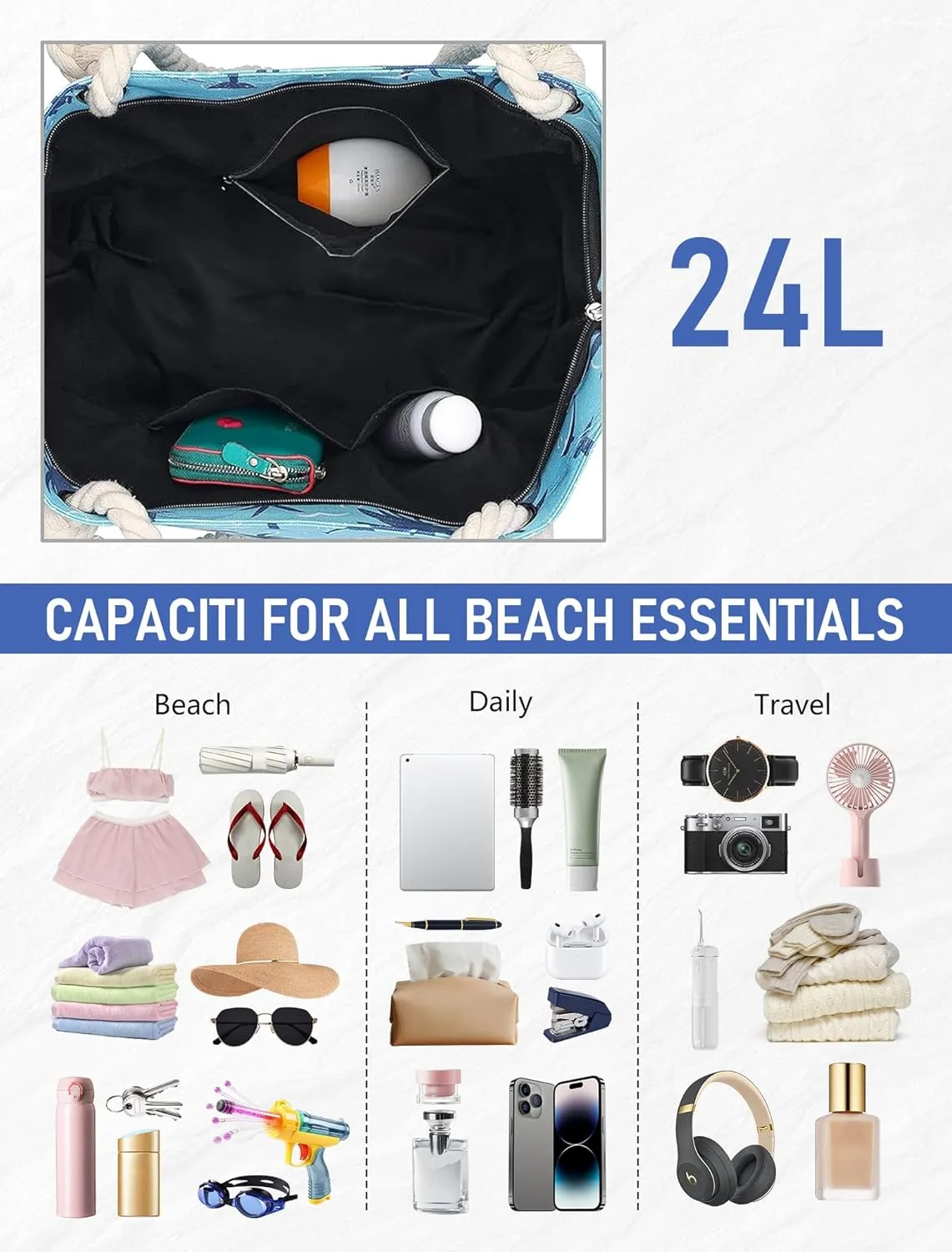 Large Canvas Beach Tote Bag with Zipper Waterproof for Women Swim Travel Swim Pool Shopping Cruise Essentials Gifts