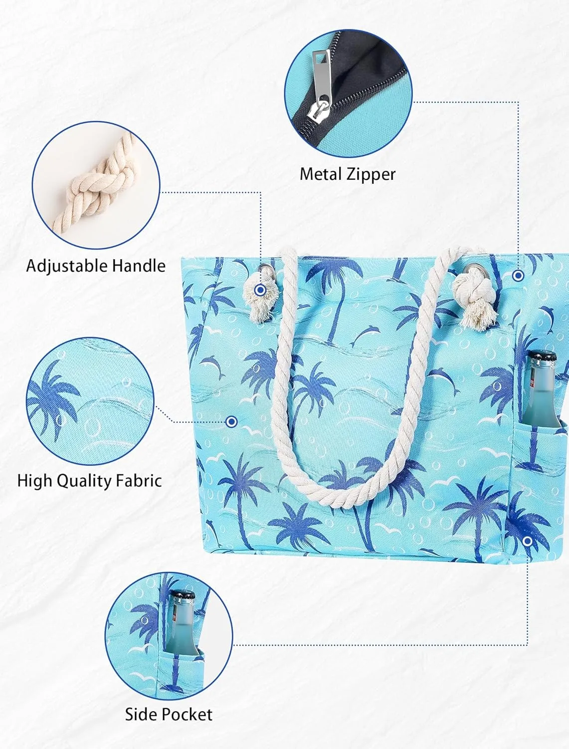Large Canvas Beach Tote Bag with Zipper Waterproof for Women Swim Travel Swim Pool Shopping Cruise Essentials Gifts