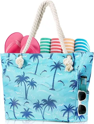 Large Canvas Beach Tote Bag with Zipper Waterproof for Women Swim Travel Swim Pool Shopping Cruise Essentials Gifts
