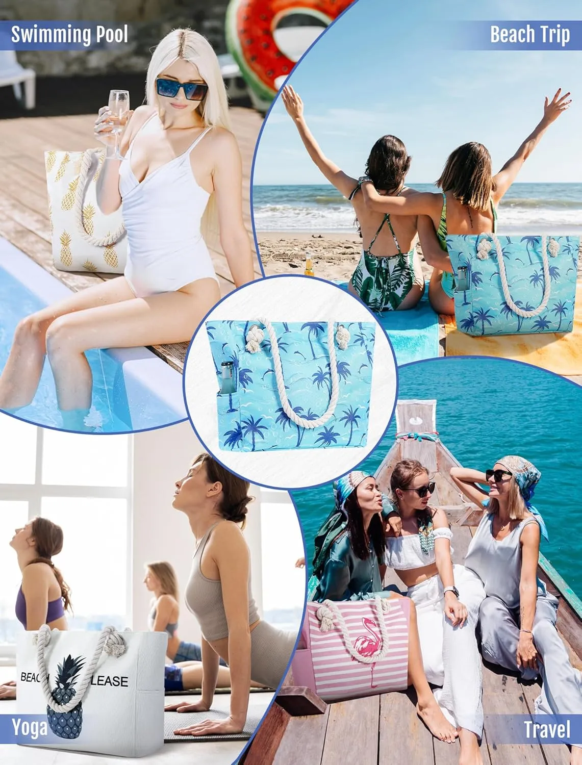 Large Canvas Beach Tote Bag with Zipper Waterproof for Women Swim Travel Swim Pool Shopping Cruise Essentials Gifts