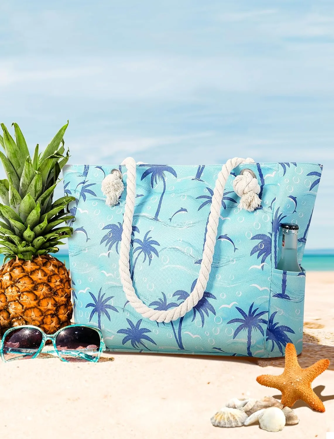 Large Canvas Beach Tote Bag with Zipper Waterproof for Women Swim Travel Swim Pool Shopping Cruise Essentials Gifts