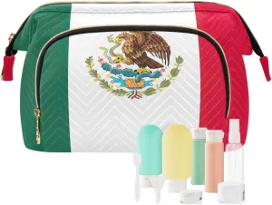 Large Capacity Makeup Bag Mexico Flag Travel Cosmetic Organizer Toiletry Bag with 9-Piece Accessory Set, Travel Cosmetic Bag Organizer Bag for Makeup