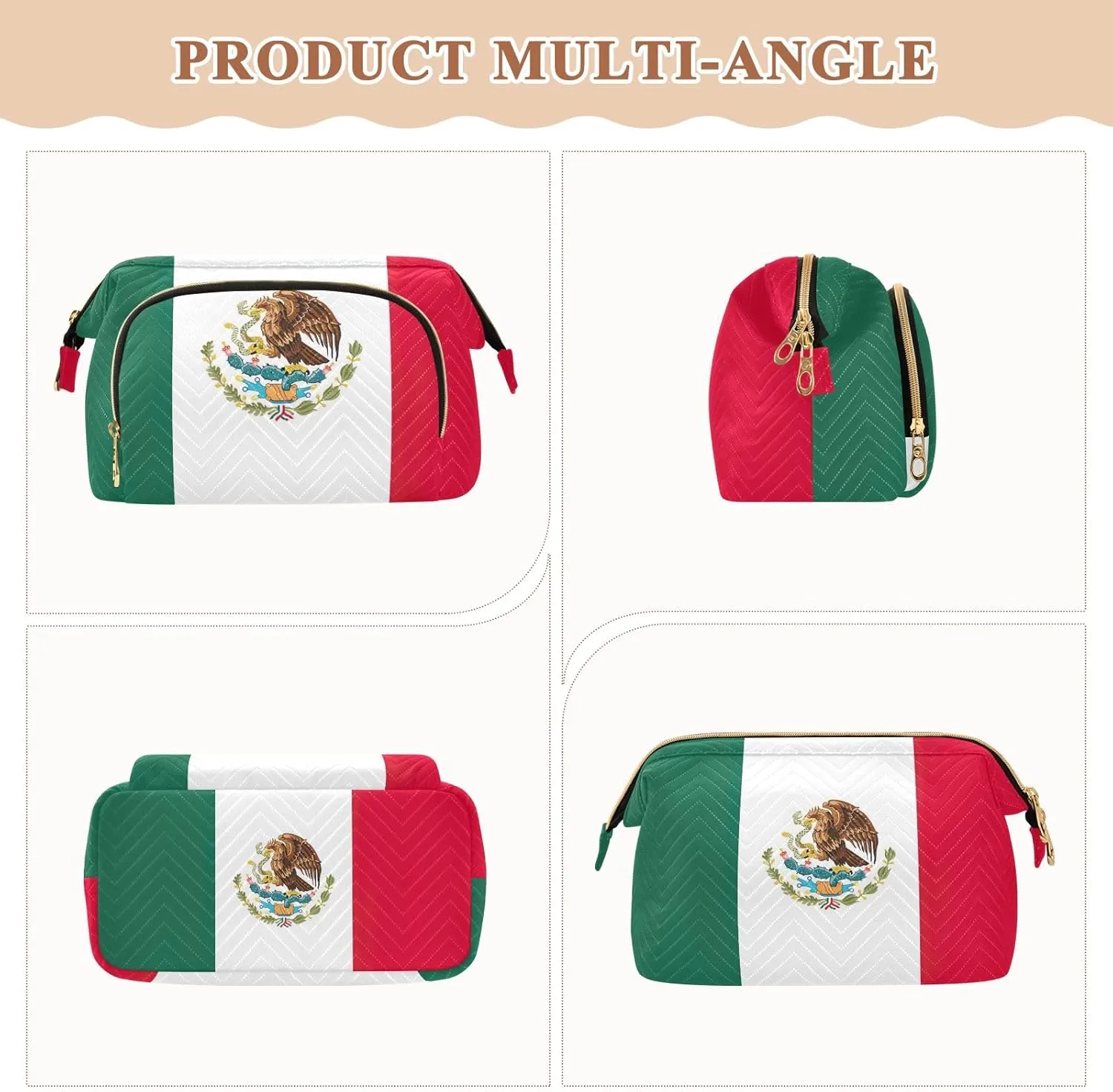Large Capacity Makeup Bag Mexico Flag Travel Cosmetic Organizer Toiletry Bag with 9-Piece Accessory Set, Travel Cosmetic Bag Organizer Bag for Makeup