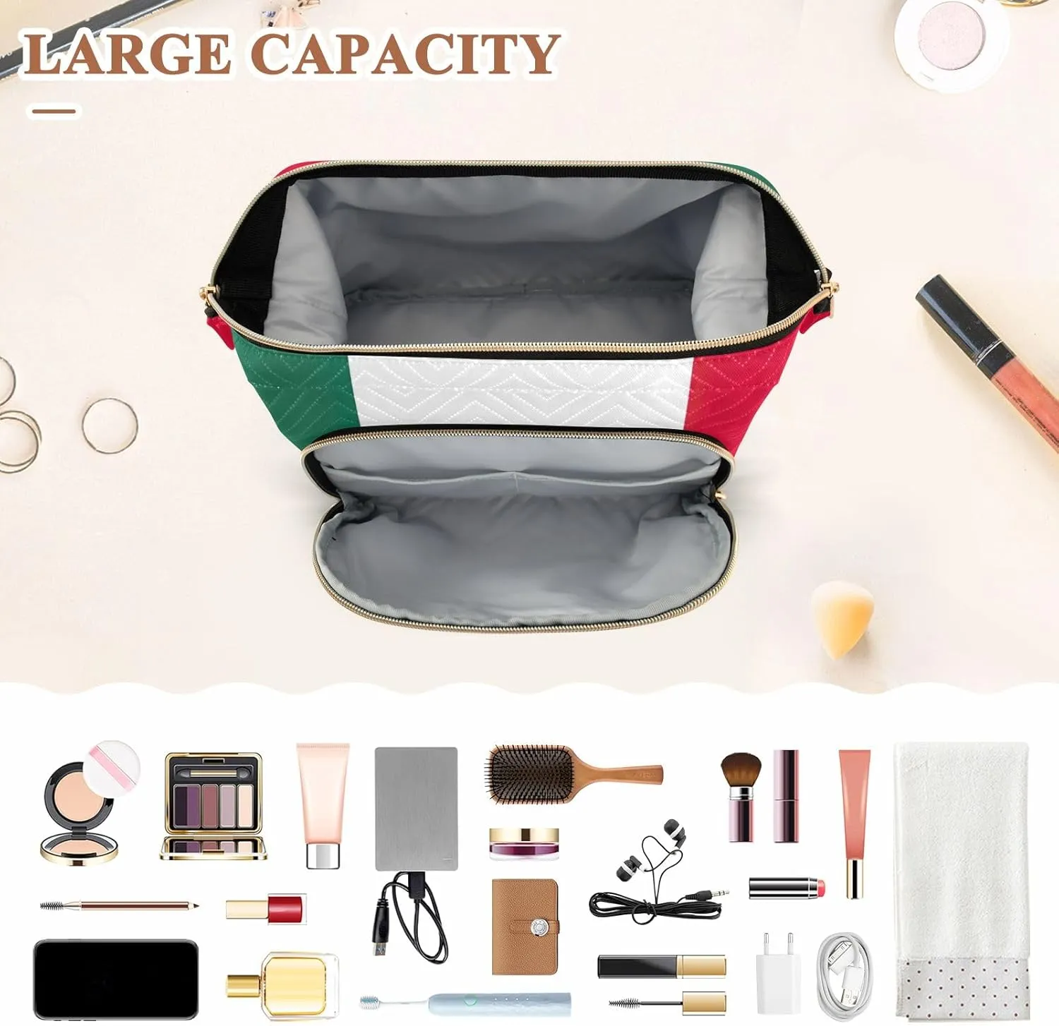 Large Capacity Makeup Bag Mexico Flag Travel Cosmetic Organizer Toiletry Bag with 9-Piece Accessory Set, Travel Cosmetic Bag Organizer Bag for Makeup