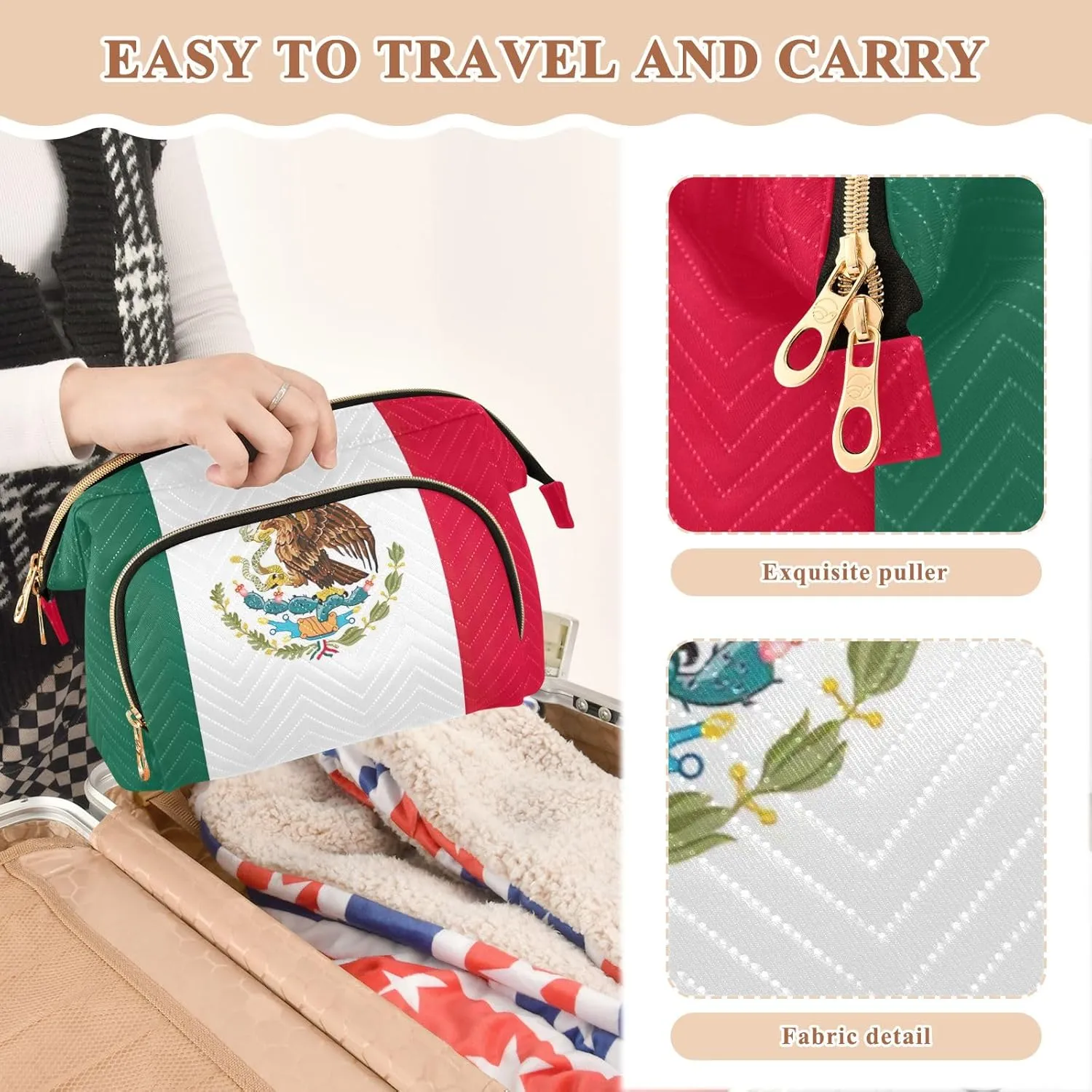 Large Capacity Makeup Bag Mexico Flag Travel Cosmetic Organizer Toiletry Bag with 9-Piece Accessory Set, Travel Cosmetic Bag Organizer Bag for Makeup
