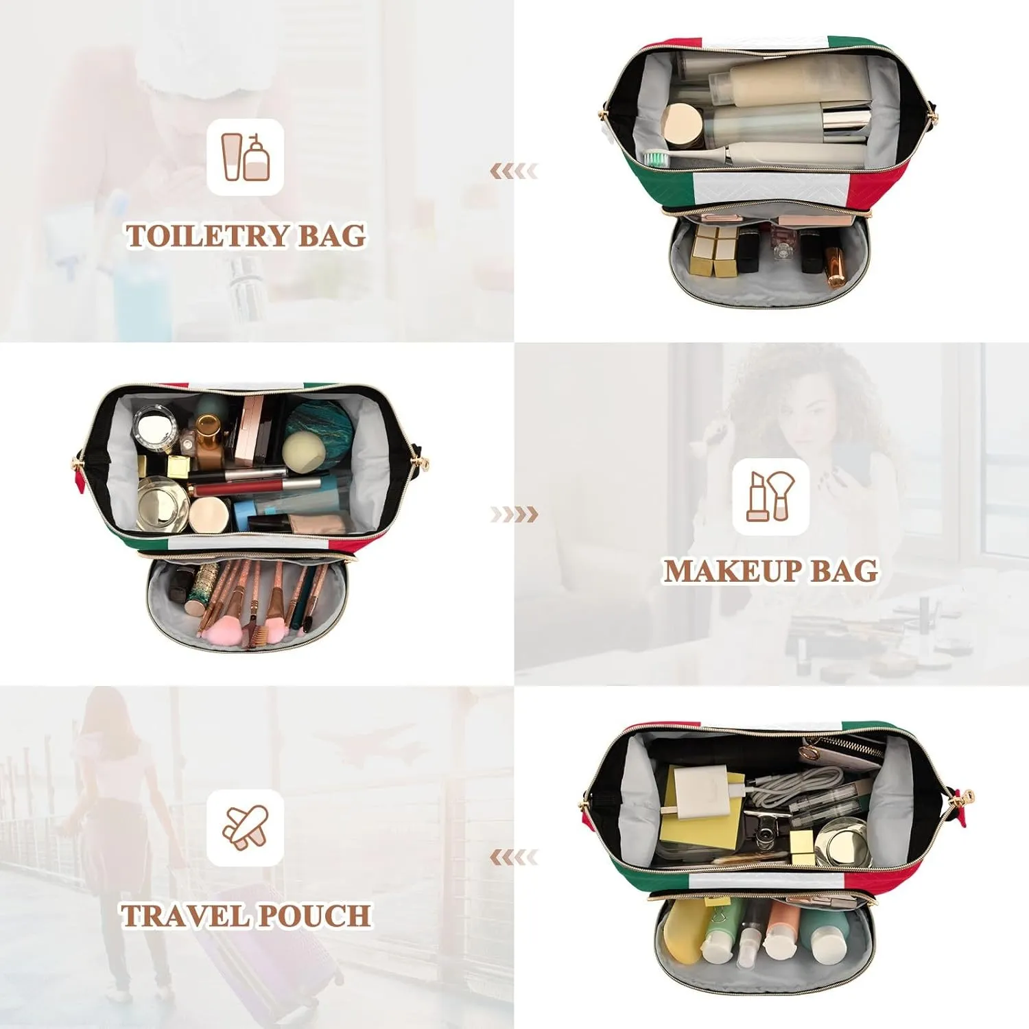 Large Capacity Makeup Bag Mexico Flag Travel Cosmetic Organizer Toiletry Bag with 9-Piece Accessory Set, Travel Cosmetic Bag Organizer Bag for Makeup