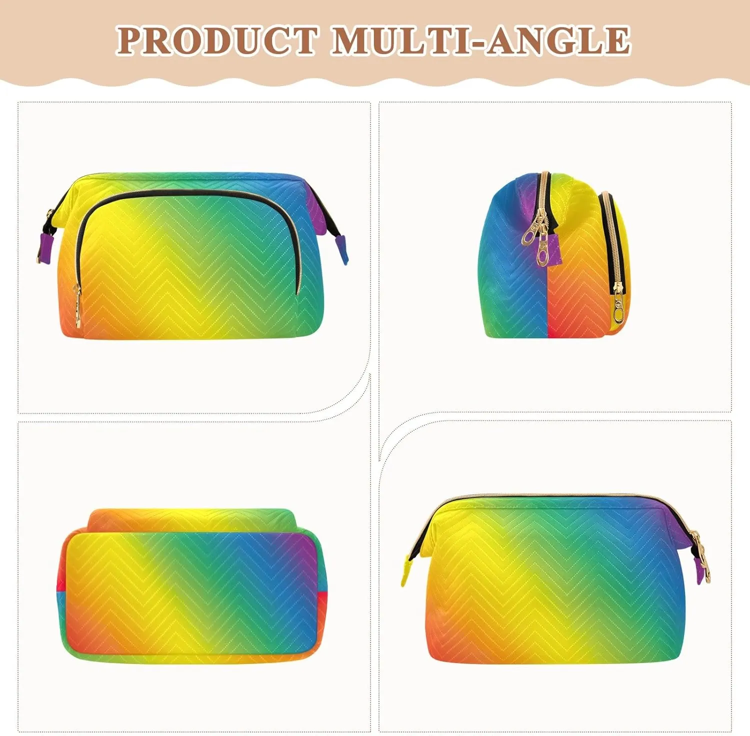 Large Capacity Makeup Bags Rainbow Color Blurred Lines Copy Spacebanner Wide-open Pouch Purse with 9-Piece Accessory Set, Roomy Cosmetic Bag for Women and Girls