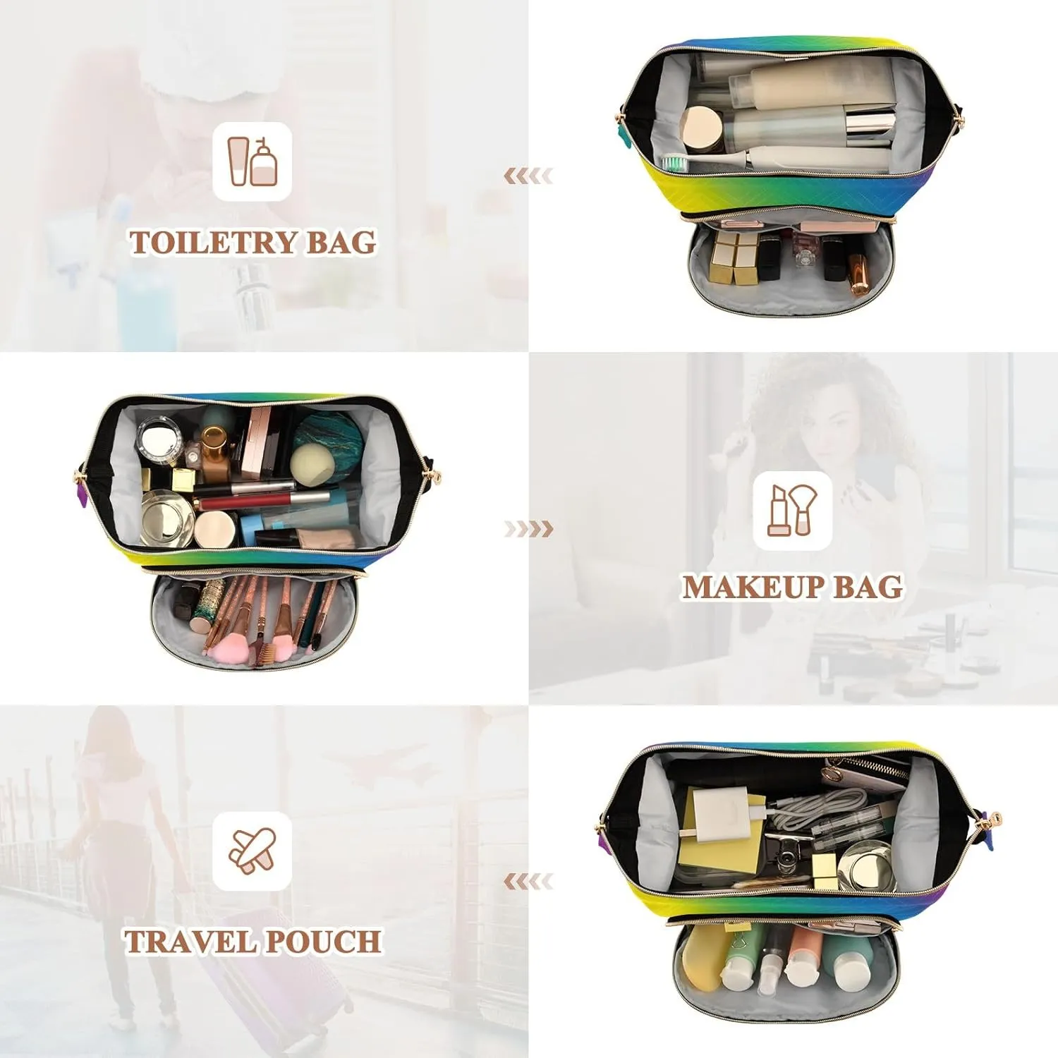 Large Capacity Makeup Bags Rainbow Color Blurred Lines Copy Spacebanner Wide-open Pouch Purse with 9-Piece Accessory Set, Roomy Cosmetic Bag for Women and Girls