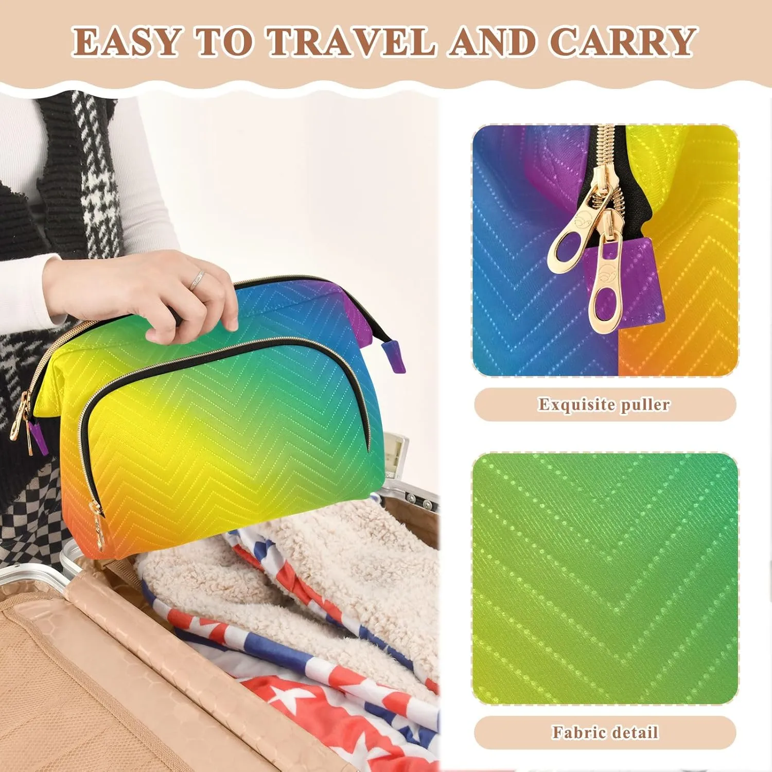 Large Capacity Makeup Bags Rainbow Color Blurred Lines Copy Spacebanner Wide-open Pouch Purse with 9-Piece Accessory Set, Roomy Cosmetic Bag for Women and Girls