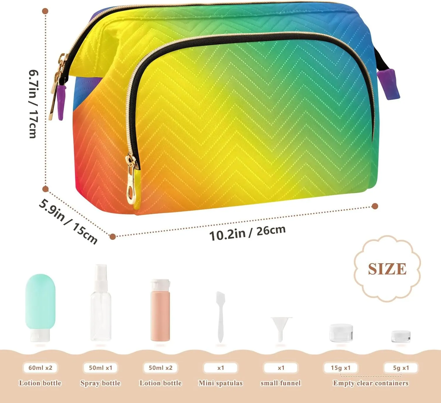 Large Capacity Makeup Bags Rainbow Color Blurred Lines Copy Spacebanner Wide-open Pouch Purse with 9-Piece Accessory Set, Roomy Cosmetic Bag for Women and Girls