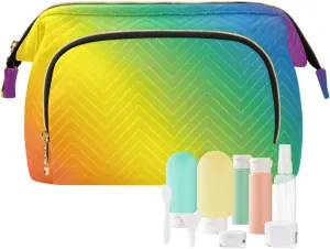 Large Capacity Makeup Bags Rainbow Color Blurred Lines Copy Spacebanner Wide-open Pouch Purse with 9-Piece Accessory Set, Roomy Cosmetic Bag for Women and Girls