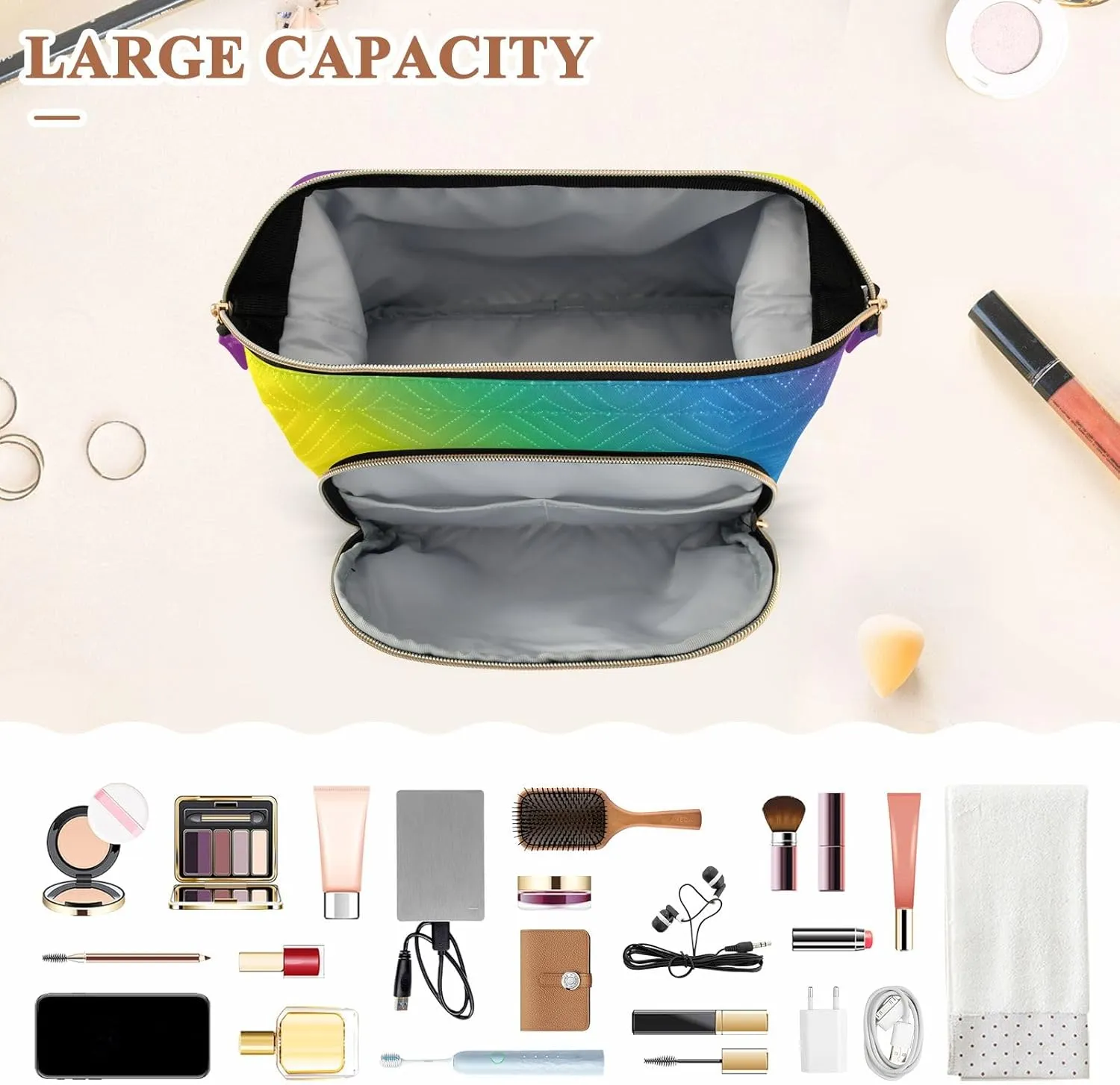Large Capacity Makeup Bags Rainbow Color Blurred Lines Copy Spacebanner Wide-open Pouch Purse with 9-Piece Accessory Set, Roomy Cosmetic Bag for Women and Girls