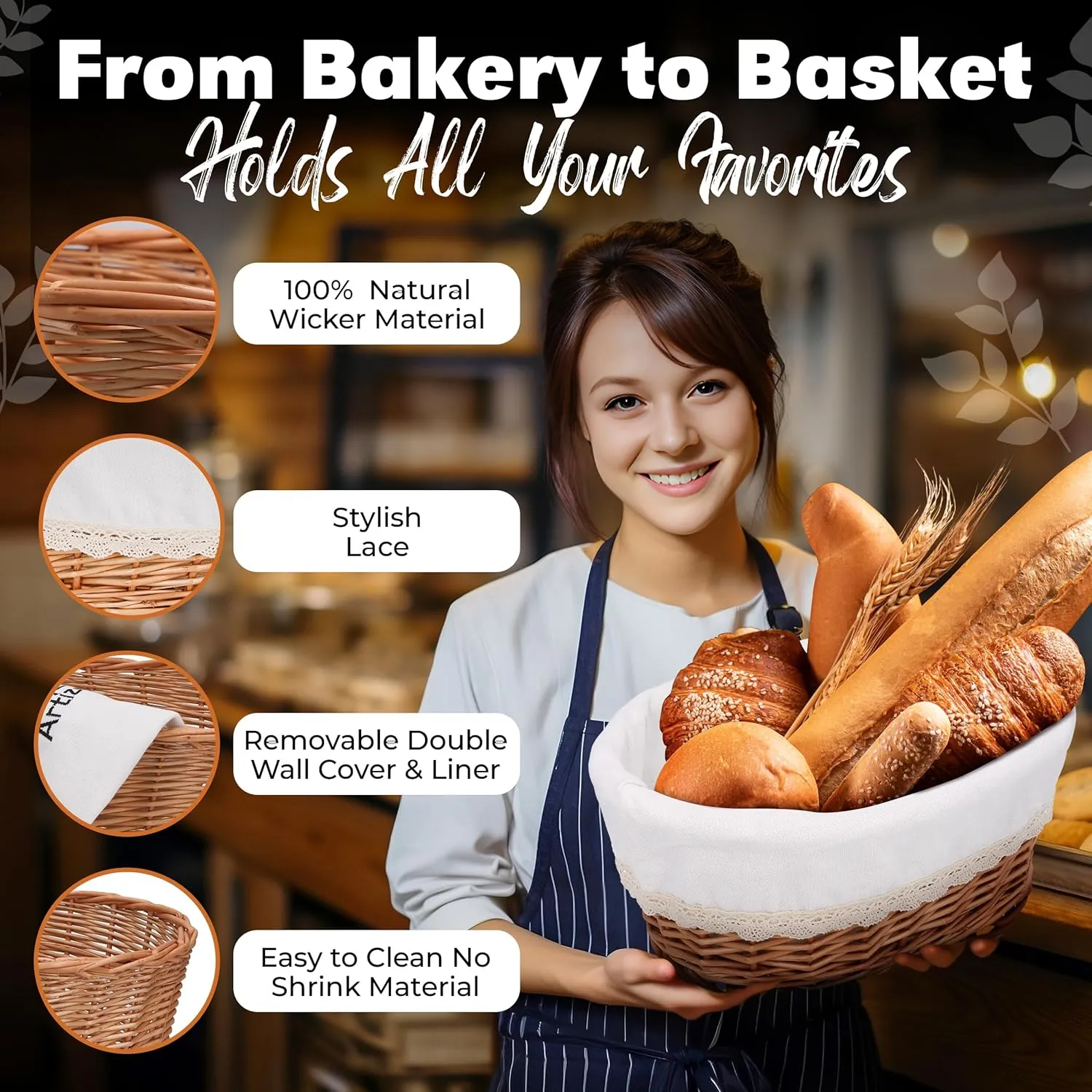Large Handmade Wicker Bread Basket for Serving Set – 12 inch Sourdough Bread and Pastries Basket with Removable Liner and Cover Bread Storage Container and Fruit Basket