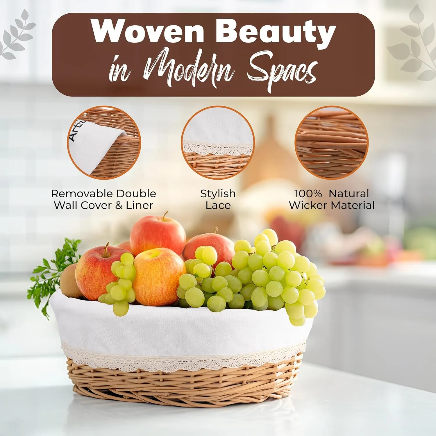 Large Handmade Wicker Bread Basket for Serving Set – 12 inch Sourdough Bread and Pastries Basket with Removable Liner and Cover Bread Storage Container and Fruit Basket