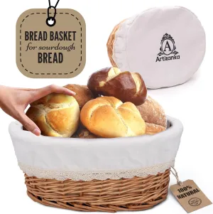 Large Handmade Wicker Bread Basket for Serving Set – 12 inch Sourdough Bread and Pastries Basket with Removable Liner and Cover Bread Storage Container and Fruit Basket