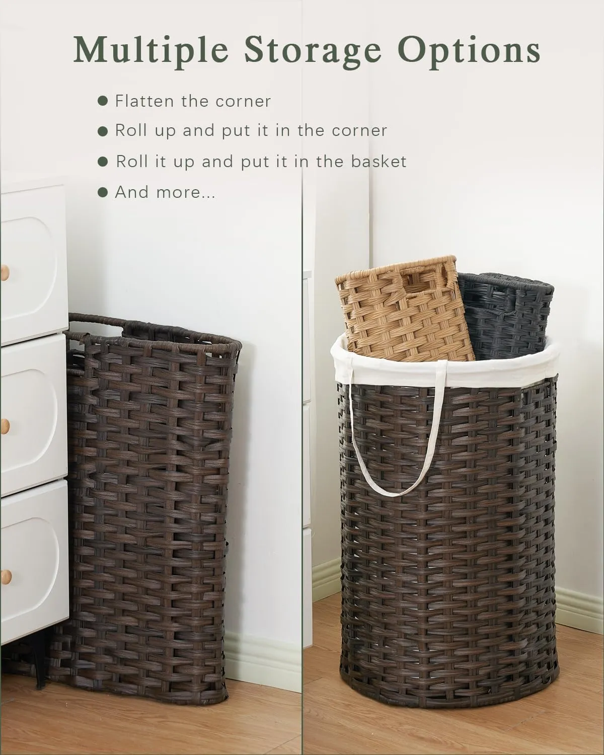 Large Laundry Hamper Laundry Basket Round 34.3 Gal (130 L) Handwoven Wicker Laundry Baskets Rattan Laundry Basket with Removable Bag Handles 2 Mesh Bags for Living Room Bedroom Brown