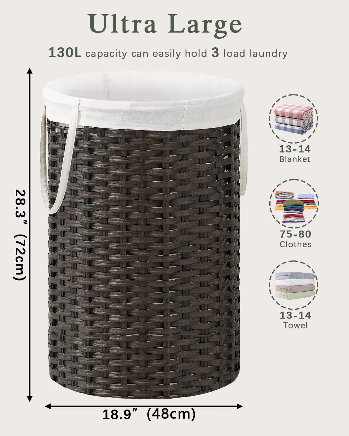 Large Laundry Hamper Laundry Basket Round 34.3 Gal (130 L) Handwoven Wicker Laundry Baskets Rattan Laundry Basket with Removable Bag Handles 2 Mesh Bags for Living Room Bedroom Brown