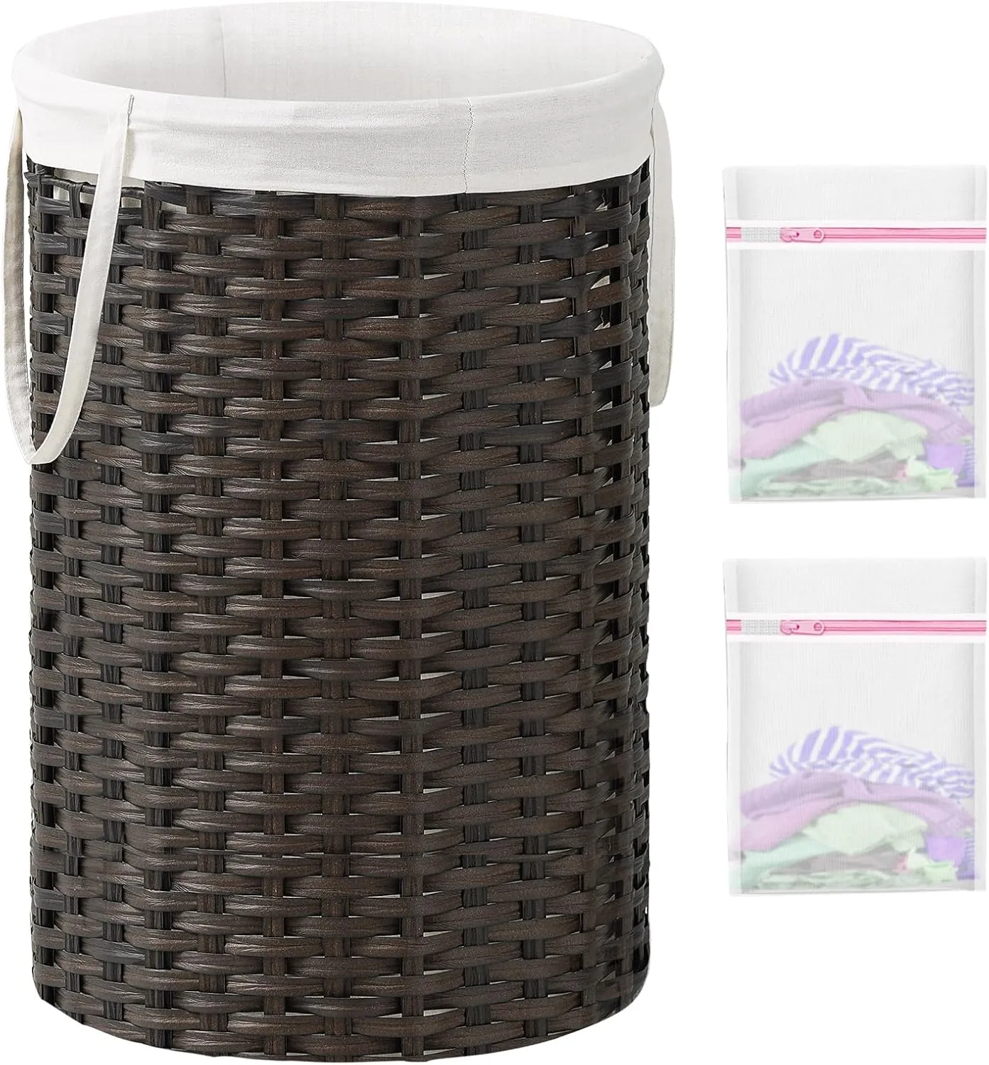 Large Laundry Hamper Laundry Basket Round 34.3 Gal (130 L) Handwoven Wicker Laundry Baskets Rattan Laundry Basket with Removable Bag Handles 2 Mesh Bags for Living Room Bedroom Brown