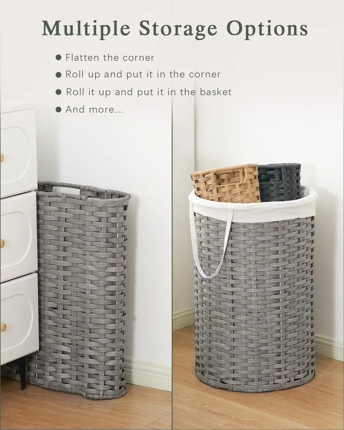 Large Laundry Hamper Laundry Basket Round 34.3 Gal (130 L) Handwoven Wicker Laundry Baskets Rattan Laundry Basket with Removable Bag Handles 2 Mesh Bags for Living Room Bedroom Gray