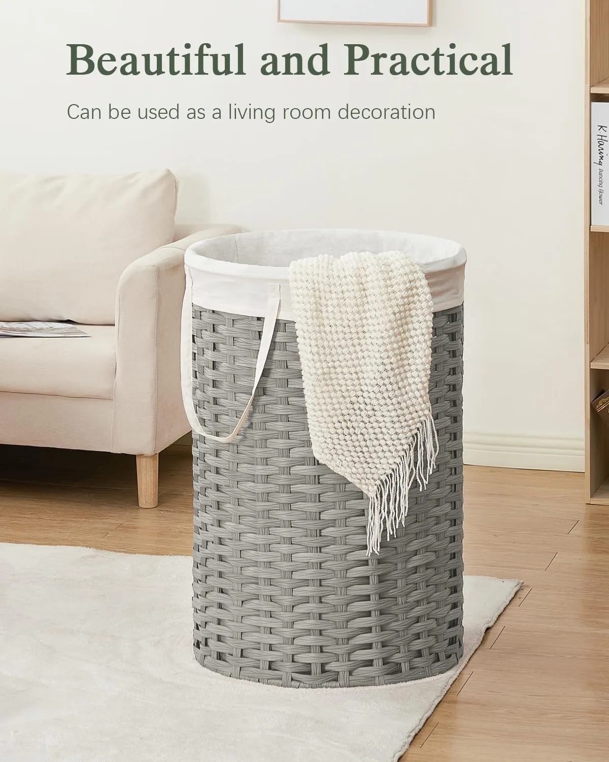 Large Laundry Hamper Laundry Basket Round 34.3 Gal (130 L) Handwoven Wicker Laundry Baskets Rattan Laundry Basket with Removable Bag Handles 2 Mesh Bags for Living Room Bedroom Gray